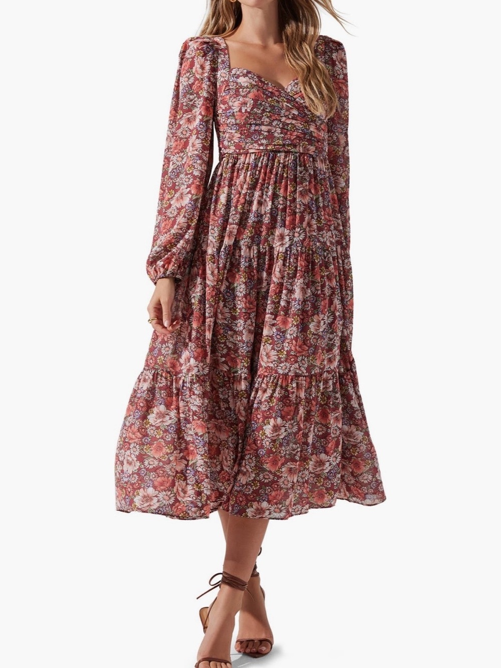 Astr Floral Sweetheart Midi Dress in Rust Pink